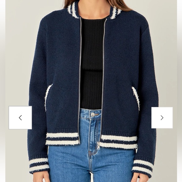 English Factory Jackets & Blazers - English Factory Navy Knit Bomber Jacket with White Stripes